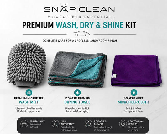 SNAP CLEAN Premium 3-Piece Microfiber Car Care Kit | 1200 GSM Drying Towel (60 × 40 cm) + 400 GSM Weft Microfiber Cloth (60 × 40 cm) + Microfiber Wash Mitt