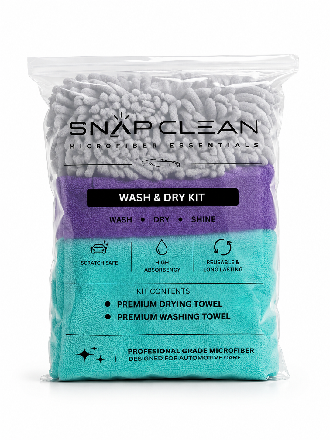 SNAP CLEAN Premium 3-Piece Microfiber Car Care Kit | 1200 GSM Drying Towel (60 × 40 cm) + 400 GSM Weft Microfiber Cloth (60 × 40 cm) + Microfiber Wash Mitt