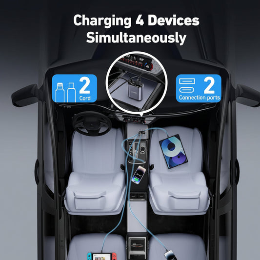 120W Fast Car Charger (2025 New Version) with 80CM Retractable Type-C Charging for 4 Devices – Universal Car Mobile Charger for All Smartphones & Tablets (Car Charger)