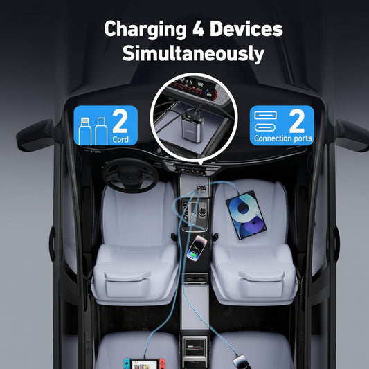 120W Fast Car Charger (2025 New Version) with 80CM Retractable Type-C Charging for 4 Devices – Universal Car Mobile Charger for All Smartphones & Tablets (Car Charger)