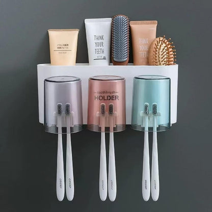 Wall Mounted Toothbrush Holder with Mouthwash Cups & Storage Organizer
