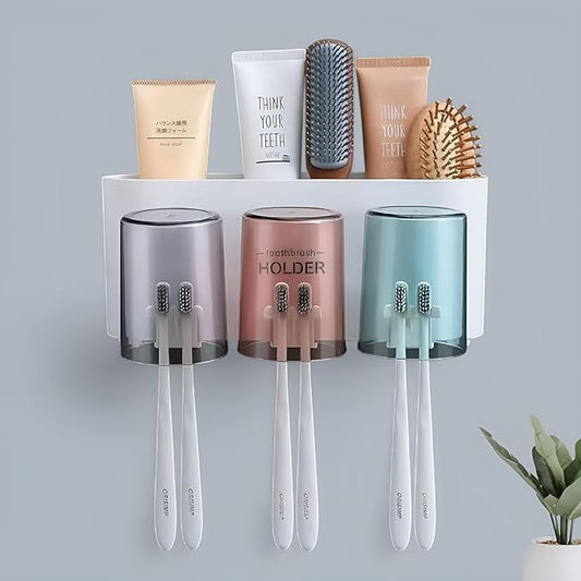 Wall Mounted Toothbrush Holder with Mouthwash Cups & Storage Organizer
