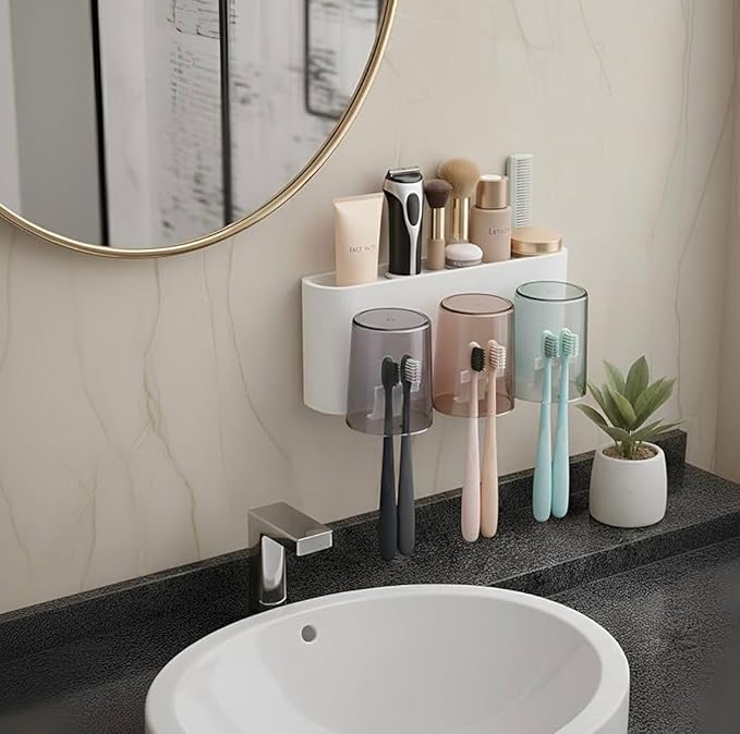 Wall Mounted Toothbrush Holder with Mouthwash Cups & Storage Organizer