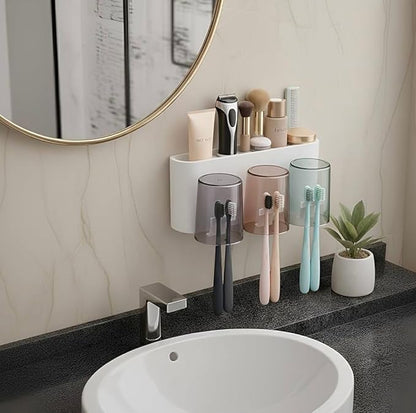 Wall Mounted Toothbrush Holder with Mouthwash Cups & Storage Organizer