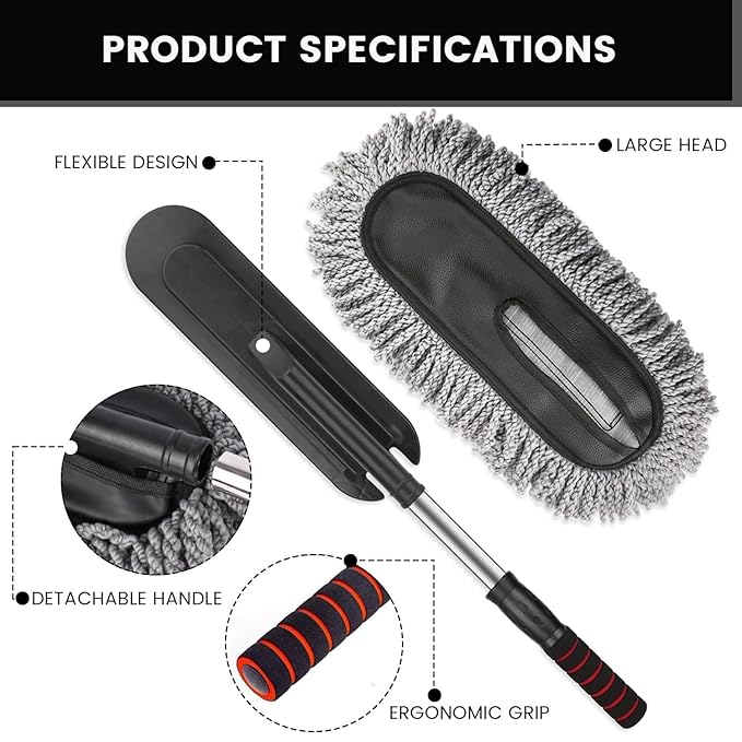 SnapClean Premium Microfiber Car Duster - Lint-Free & Scratch-Free Car Cleaner Brush with Long Handle