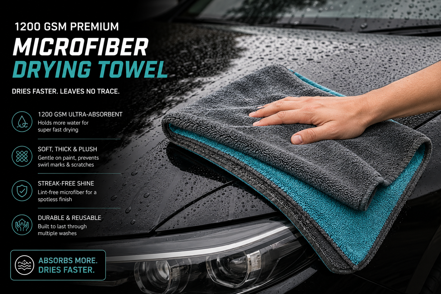 SNAP CLEAN Premium Microfiber Wash & Dry Kit | 1200 GSM Drying Towel + Microfiber Wash Mitt | Scratch-Free Car Cleaning