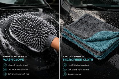 SNAP CLEAN Premium Microfiber Wash & Dry Kit | 1200 GSM Drying Towel + Microfiber Wash Mitt | Scratch-Free Car Cleaning