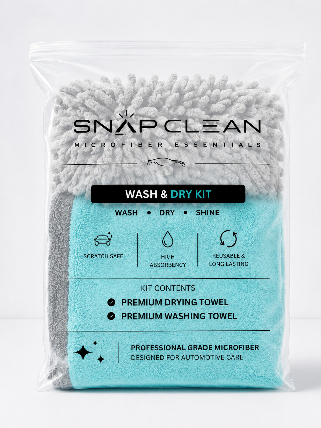 SNAP CLEAN Premium Microfiber Wash & Dry Kit | 1200 GSM Drying Towel + Microfiber Wash Mitt | Scratch-Free Car Cleaning
