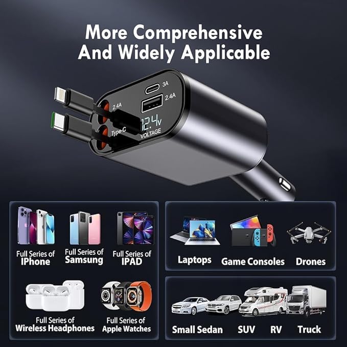 120W Fast Car Charger (2025 New Version) with 80CM Retractable Type-C Charging for 4 Devices – Universal Car Mobile Charger for All Smartphones & Tablets (Car Charger)
