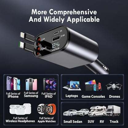 120W Fast Car Charger (2025 New Version) with 80CM Retractable Type-C Charging for 4 Devices – Universal Car Mobile Charger for All Smartphones & Tablets (Car Charger)