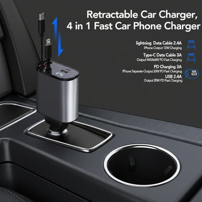 120W Fast Car Charger (2025 New Version) with 80CM Retractable Type-C Charging for 4 Devices – Universal Car Mobile Charger for All Smartphones & Tablets (Car Charger)