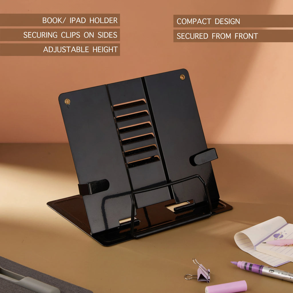Heavy-Duty Metal Book Stand with Adjustable Page Clips